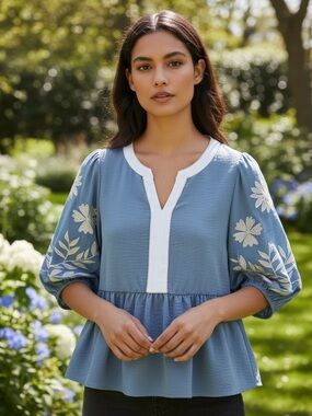 1230.  Blue embroidered puff sleeve top